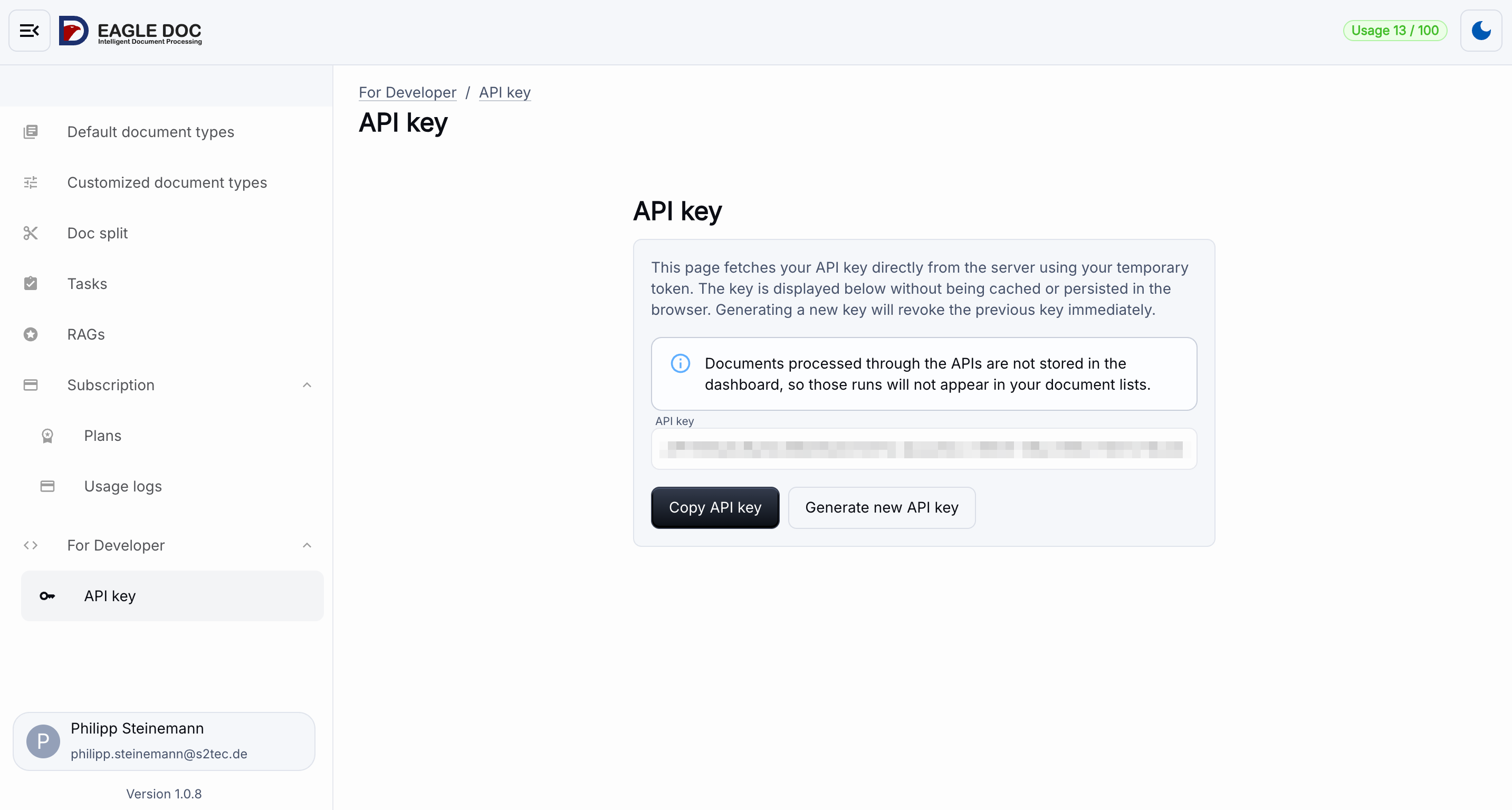 Eagle Doc API Key in Dashboard