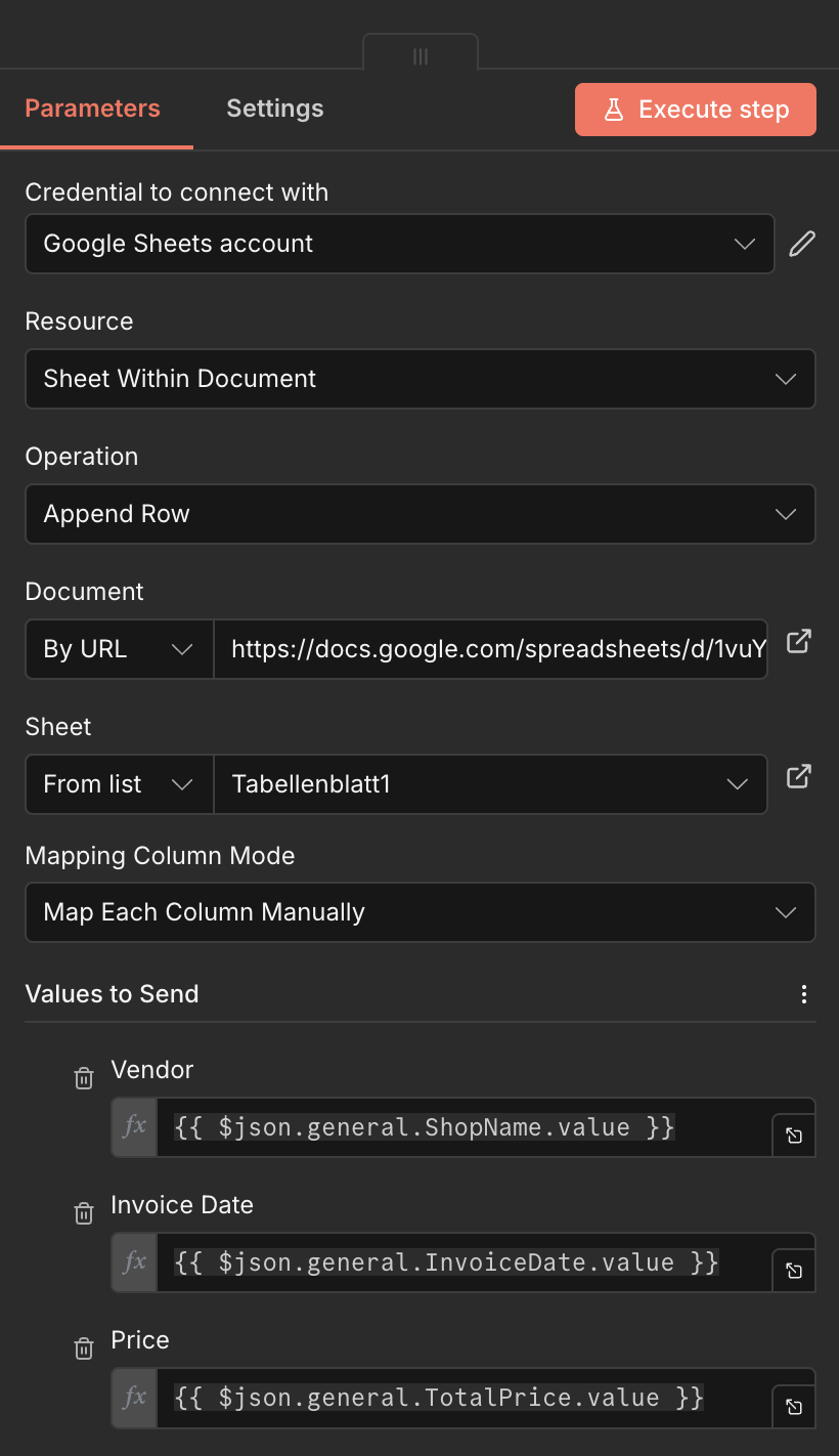 Configuring Append to Sheet node in n8n